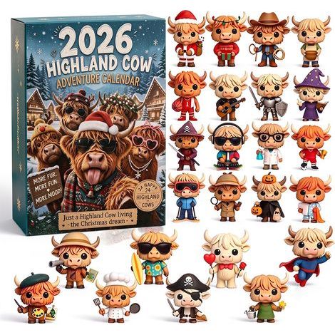 Calendrier de l’Avent 2026 Vache Highland, 24 Figurines Miniatures 3D, Compte à Rebours de Noël (1/5)