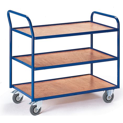 Rollcart Tischwagen mit abgewinkeltem Schiebegriff und 3 Etagen im Buchendekor 990x590mm