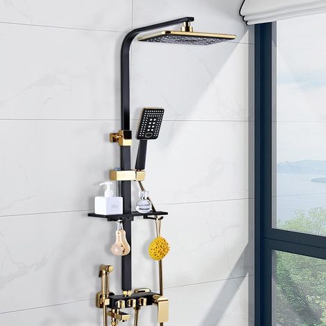 Kit de douche à effet pluie, avec robinet, pommeau de douche, 3 types de jet, avec support de pommeau de douche, douchette et tuyau noir et doré (1/5)