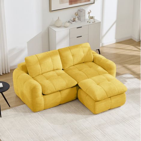 Divano modulare a L 2 posti 194 x 160 x 68 cm in ciniglia gialla con ottomano DESVIAE (1/5)