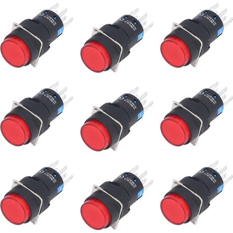 25 interrupteurs à bouton-poussoir, autobloquants et à réarmement automatique, 8 broches, ronds de 16 mm, avec voyant lumineux, 12 V, rouge. Pour utilisation avec un contrôleur. (1/5)