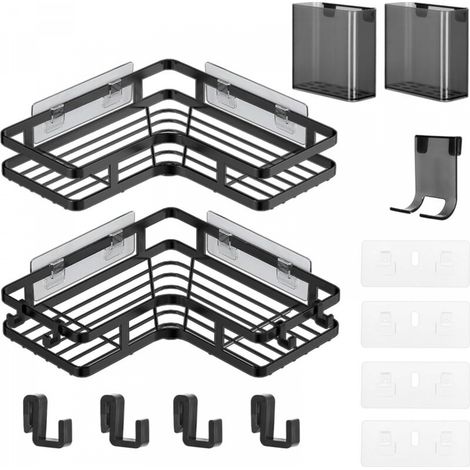 2 étagères de douche sans perçage, étagère d'angle noire pour salle de bain avec seau à dentifrice et porte-rasoir, étagère de rangement épaisse antirouille pour salle de bain, cuisine et balcon (1/5)