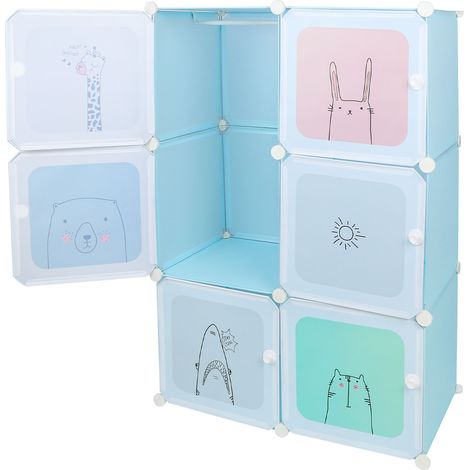 Armoire Chambre d'enfant modulable Motifs ludiques Plastique Étagère de Rangement pour la Maison 6 Cubes Armoire DIY Portes bleu (1/5)