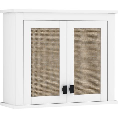 Armoire de salle de bain suspendue, avec 2 portes en rotin synthétique, étagère réglable, 60 x 19,5 x 49,4 cm, blanche (1/5)