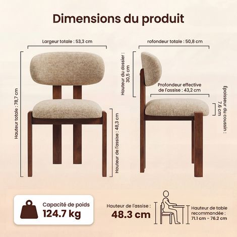 COLAMY Chaise,Lot de 2 chaises de salle à manger en chenille,bois massif marron, assise confortable,style nordique,camel
