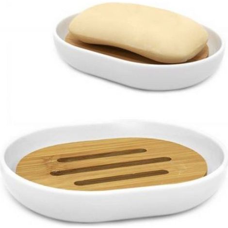 Cleafe - Piattino Porta Sapone Saponetta Bianco Legno Accessori Bagno 12.5 X 9.5 Cm 69480 - (1/4)