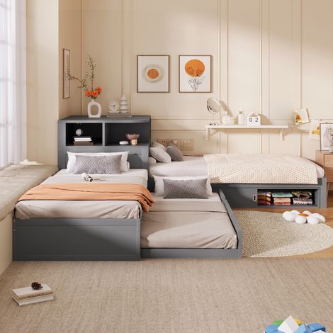 Cama plataforma en forma de L de 90x200 con cama extraíble y puerta corredera de almacenamiento, incluye luz nocturna, color gris. (1/5)
