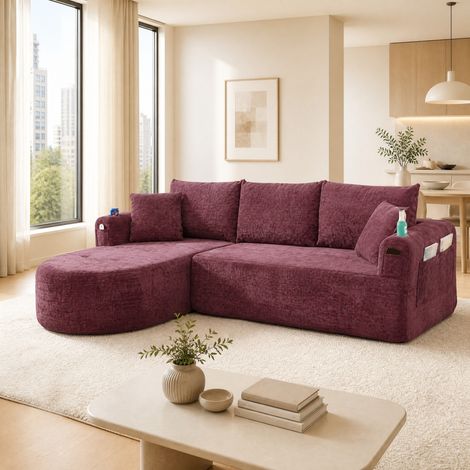 DESMIU Canapé d'angle en L modulaire avec porte-gobelet et poches latérales en tissu Rouge bordeaux (1/5)