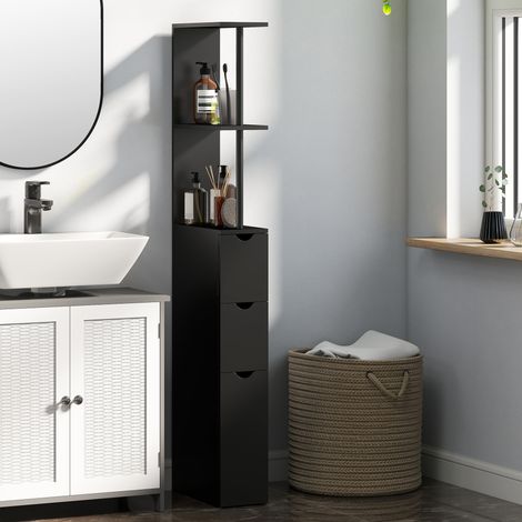 Meuble colonne gain de place en bois avec étagères, armoire et tiroirs, Noir, 15x33x136.8cm (1/5)
