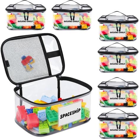 Set mit 6 Spielzeugaufbewahrungsbeuteln, 24 x 17,5 x 14,5 cm, PVC-Spielzeugaufbewahrungsbeutel mit Griffen und Reißverschluss, wasserdichte, transparente Reiseorganizer für Autos, Puzzles und Baustein (1/5)