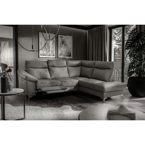 Canapé d'angle en cuir italien de luxe 5 places LUZERNE, avec relax électrique et coffre, gris foncé, angle droit (1/5)