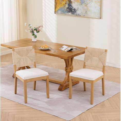 Lot de 2 chaises de salle à manger en bois avec dossier cannage, assise rembourrée en lin, beige (1/5)