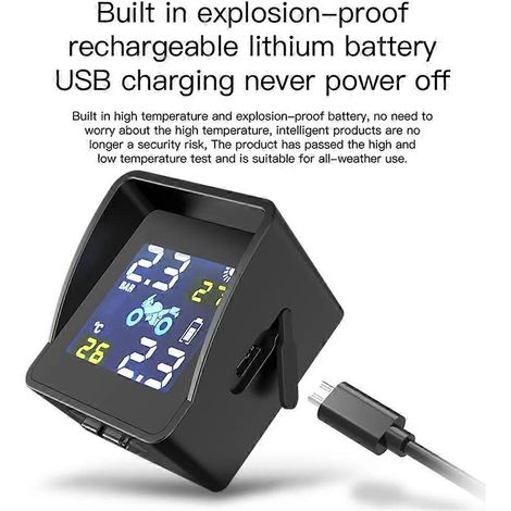 Sistema de alarma de monitoreo de presión de neumáticos (TPMS) con carga solar universal para motocicletas, repuestos con 2 sensores. (1/5)