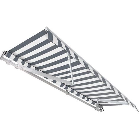 Store de terrasse Gris et blanc ligné 3,5 X 3 m Store banne de qualité (1/5)