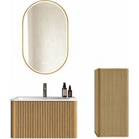 Badmöbel-Set 80 cm mit Waschbecken, LED-Spiegel und Seitenschrank, wandhängend, Eichefarbe, MODENUIT (1/5)