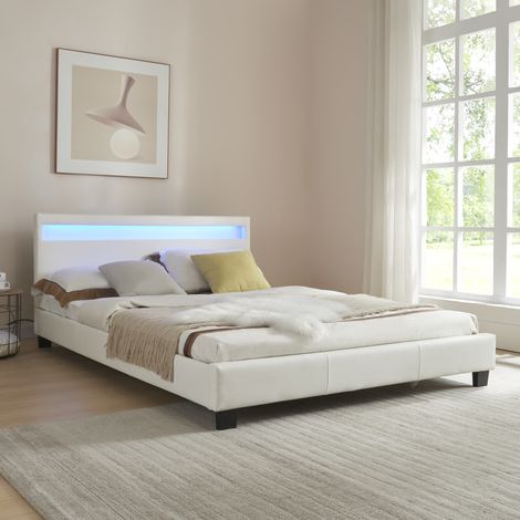 Letto Francese Imbottito 140x200 cm Testiera Alta con Illuminazione a LED Similpelle - Bianco Corium (1/7)