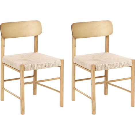 Set of 2 Dining Chairs Light Brown Rubberwood Paper Rope Woven Seat Boho Style Kitchen Dining Room DIGNE