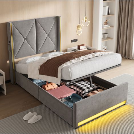 Cadre de lit 90x200 cm gris foncé – rangement sous le lit, LED, sans matelas (1/5)