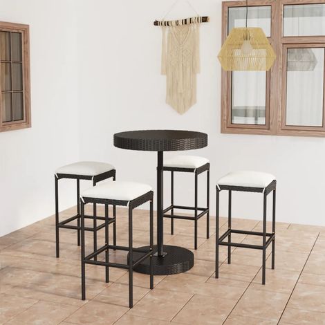 Set de 1 Table + 4 Tabourets de bar de jardin  Ensemble Table et Chaises et coussins Résine tressée Noir 83166