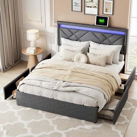 Letto matrimoniale con cassetto 160x200cm - con testiera regolabile e 4 cassetti, rete a doghe, lino, letto imbottito per adulti dal design moderno - grigio scuro (1/5)