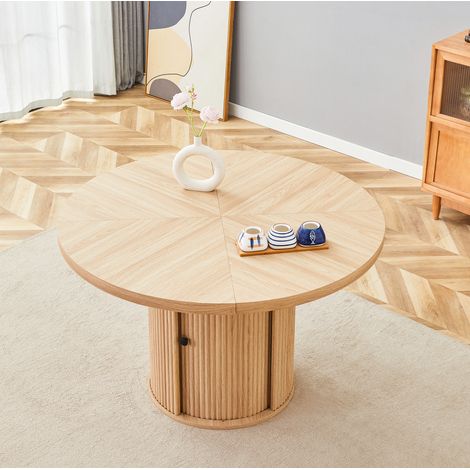 Table à manger ronde 115 cm avec rangement, MDF, finition bois, pied central, 4–6 personnes (1/5)