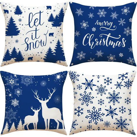 Lot de 4 housses de coussin, flocon de neige, lin rustique, fermeture éclair invisible, décoration salon (1/5)