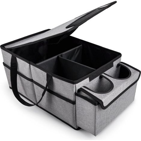 Autositz-Organizer und Aufbewahrungsbox, Gepäck- und Einkaufsorganizer für Vorder- oder Rücksitz, mit Deckel und 1 Netztasche, 2 Getränkehaltern und 4 Taschen (grau) (1/5)