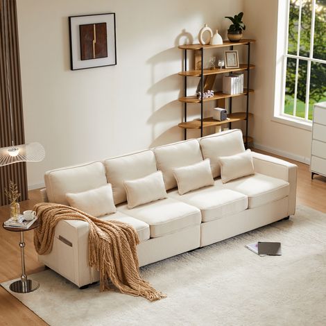 Sofá de 4 plazas, sofá para 4 personas, sofá acolchado beige de lino con bolsillos en los brazos y 4 cojines (1/5)