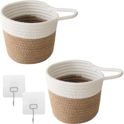 2 pièces de panier suspendu, paniers muraux en corde de coton tressée 15 x 16 cm avec 2 crochets, panier mural suspendu en rotin, panier de rangement tressé, panier suspendu pour cuisine, salon, salle (1/5)