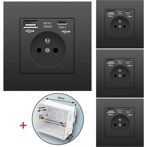 Kaelt - Lot de 4 prises murales avec USB et Type-C, 5 V 2,1 A, norme UE, prise USB encastrée, multiprise avec boîtier de montage, 110-250 V (noir) (1/5)
