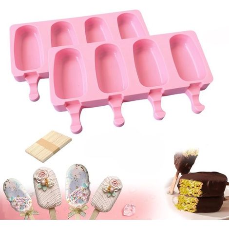Set di stampi per ghiaccioli (confezione da 2), stampi in silicone con 4 cavità, stampo ovale per ghiaccioli per torte e gelato, inclusi 50 bastoncini di legno per preparare i tuoi ghiaccioli (1/5)