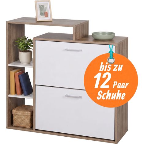 Relaxdays Schuhschrank, HxBxT: 90 x 80 x 23,5 cm, 2 Klappen, 12 Paar, offene Ablagen, schmaler Schuhkipper, natur/weiß (1/5)