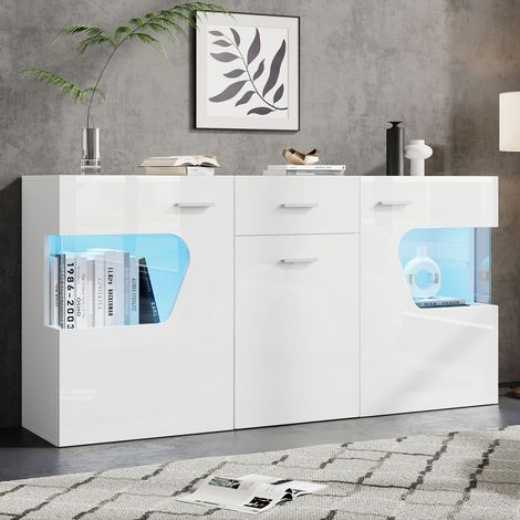 Buffet 140 x 33 x 70 cm éclairage LED 3 portes finition brillante en verre trempé 3 compartiments de rangement coloris blanc (1/5)