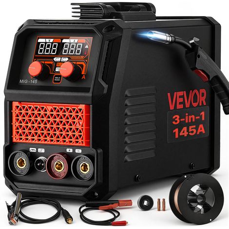 VEVOR Saldatrice MIG 145A 3 in 1 Lift TIG/MIG a Filo Animato Senza Gas/MMA, Macchina Saldatrice Portatile, 220 V, Controllo Sinergico, con Inverter IGBT, Ideale per Metallo, Riparazioni e Fai da Te (1/5)
