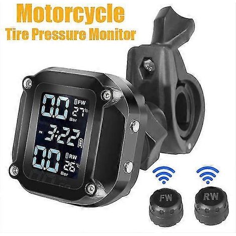 Système de surveillance de la pression des pneus de moto (TPMS) avec alarme de température des pneus, écran LCD et capteurs de pression externes. (1/5)