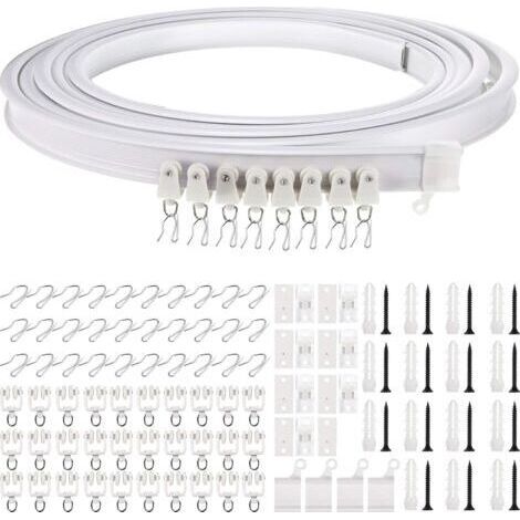 Rail de Rideau Incurvé au Plafond Pliable 5 Mètres Support de Rideau de Plafond Flexible Rail Incurvée de Fenêtre pour Rail de Rideau avec Système de Rideau de Rail (Blanc, Crochet Argent)