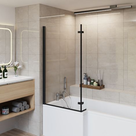 Bathroom L Shaped Pivot Reversible Bath Screen Hinged Return Black (1/5)