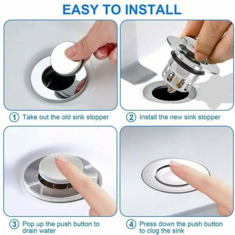 Bonde Lavabo Pop-Up - Acier Inoxydable et Laiton Épaissi - Compatible Trous de Drainage 34 à 40 mm - Pour Évier Cuisine ou Salle de Bain - 2 Pièces (1/5)