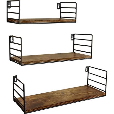 Set of 3 Wall Shelves Wooden Floating Shelves, Storage for Living Rooms Bedrooms Kitchens Bathrooms, Rustic Finish