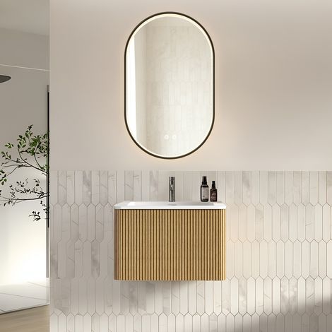 Conjunto de baño con espejo, mueble de lavabo de 60 cm con armario, premontado, armario a rayas con un cajón, acabado en roble, espejo ovalado de 50x80 cm adornado con pedrería y marco negro. (1/5)