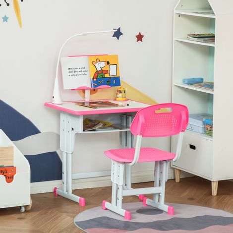 Conjunto de escritorio y silla infantil regulable en altura para niños de 6 a 12 años, escritorio escolar con lámpara, cajón, gancho, portalápices y soporte para libros, conjunto de escritorio y silla