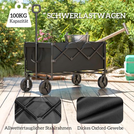 Chariot de jardin pliable noir, capacité 100 kg, transport extensible avec bâche amovible