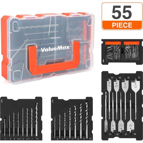ValueMax Coffrets de Forets 55 Pièces, Comprend Forets à Béton, Forets Métal, Mèche à Bois Plate et Embouts de Tournevis et Boîte de Rangement