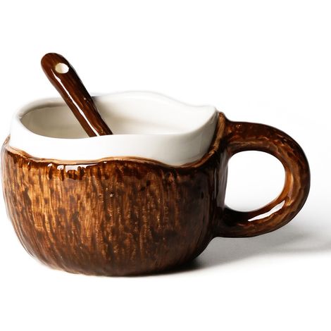 Lot de 2 Tasses à Milkshake Céramique Forme Noix de Coco Brun 250ml avec Cuillère pour Petit-déjeuner Café Thé (1/5)