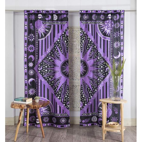CCYKXABeliebte handgefertigte Fenstervorhänge mit indischem Mandala-Muster – im Bohème- und Zigeunerstil – mit Motiven von Sonne und Mond – fürs Schlafzimmer in Lila (1/5)