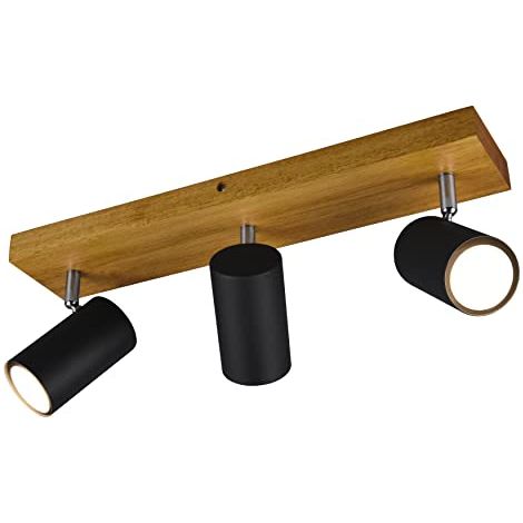 MARLEY BARRA 3 SPOTS CILINDRI NERI BASE LEGNO NATURALE L. 44CM 3 LUCI ATTACCO GU10