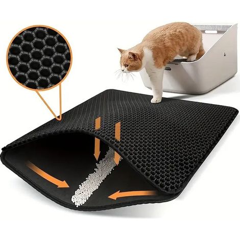 Tapis de litière pour chat 40 x 50 cm, structure alvéolaire double couche en EVA, imperméable à l'urine, contrôle des déchets, facile à nettoyer, lavable, noir (1/5)
