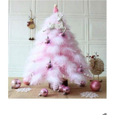 Mini sapin table plume rose avec lumières,artificiel,maison Noël,déco,cadeau,ambiance féerique. (1/4)