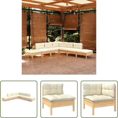 Holzgartenmöbel - 7-tlg. Garten-Lounge-Set mit Creme Kissen Kiefernholz (1/5)