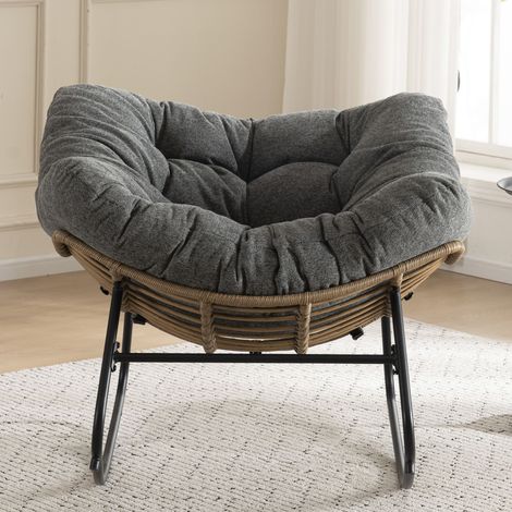 Poltrona a Dondolo Papasan in Chenille, Schienale Ergonomico, Struttura in Metallo, per Soggiorno e Camera, Grigio (1/3)